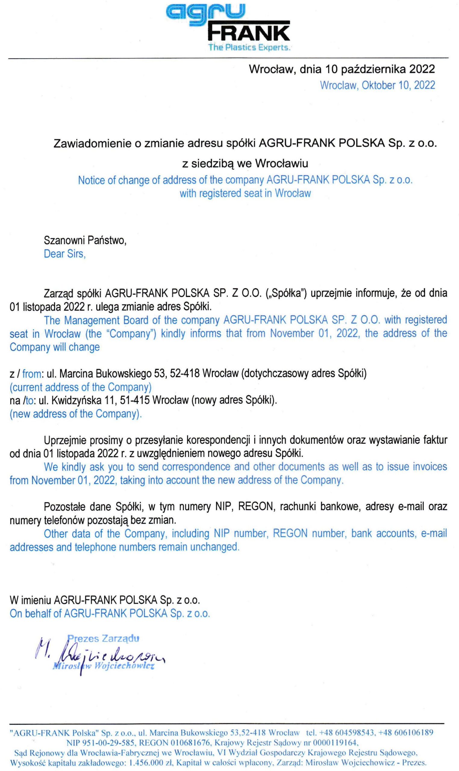 ZAWIADOMIENIE O ZMIANIE ADRESU SPÓŁKI AGRU-FRANK POLSKA SP. Z O.O.